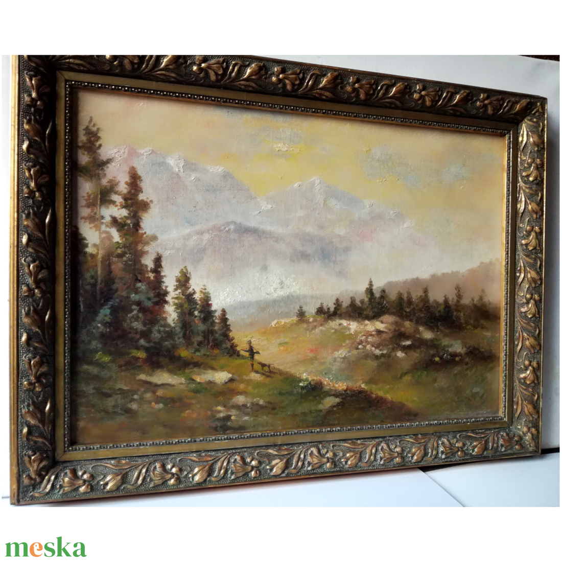 Antik Vadászfestmény, Vadász kutyájával az Alpokban - művészet - festmény - olajfestmény - Meska.hu