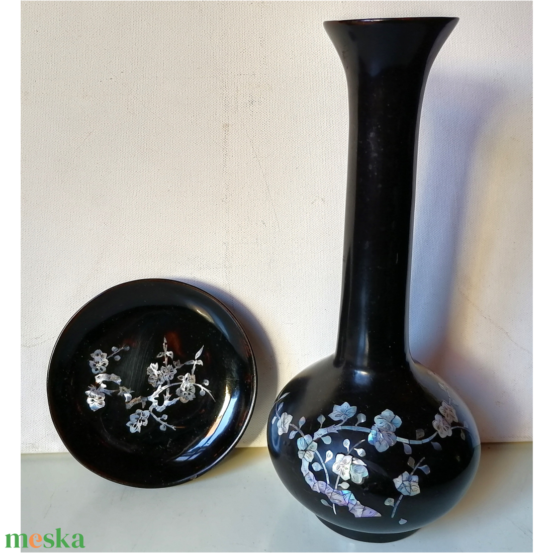 Vintage koreai kagyló berakásos váza és tányérka - otthon & életmód - dekoráció - dísztárgy - Meska.hu