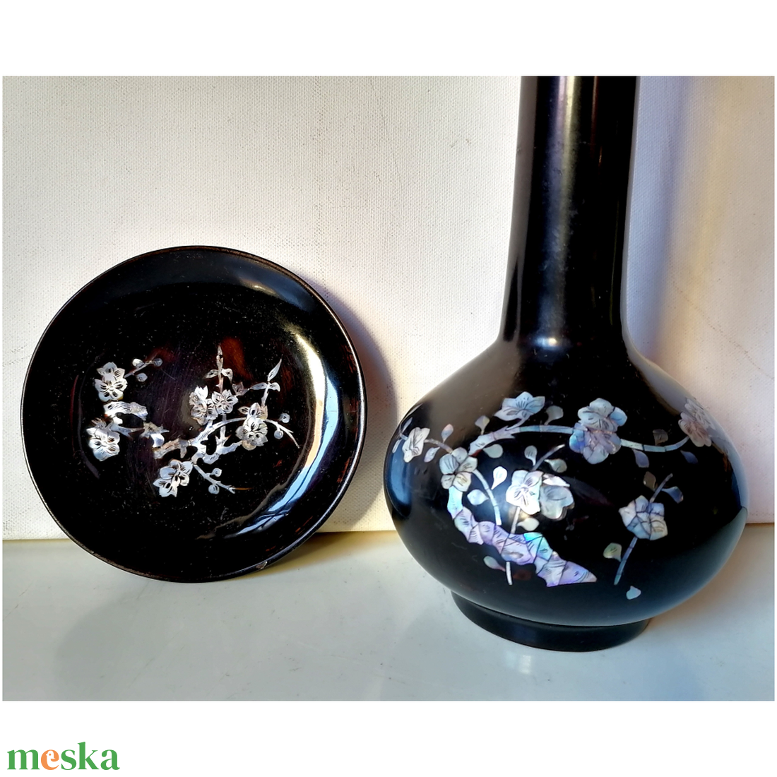 Vintage koreai kagyló berakásos váza és tányérka - otthon & életmód - dekoráció - dísztárgy - Meska.hu