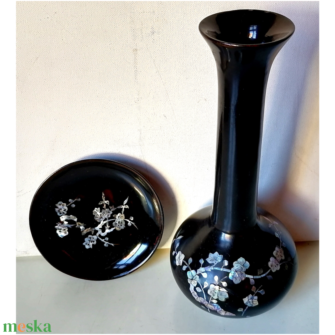 Vintage koreai kagyló berakásos váza és tányérka - otthon & életmód - dekoráció - dísztárgy - Meska.hu