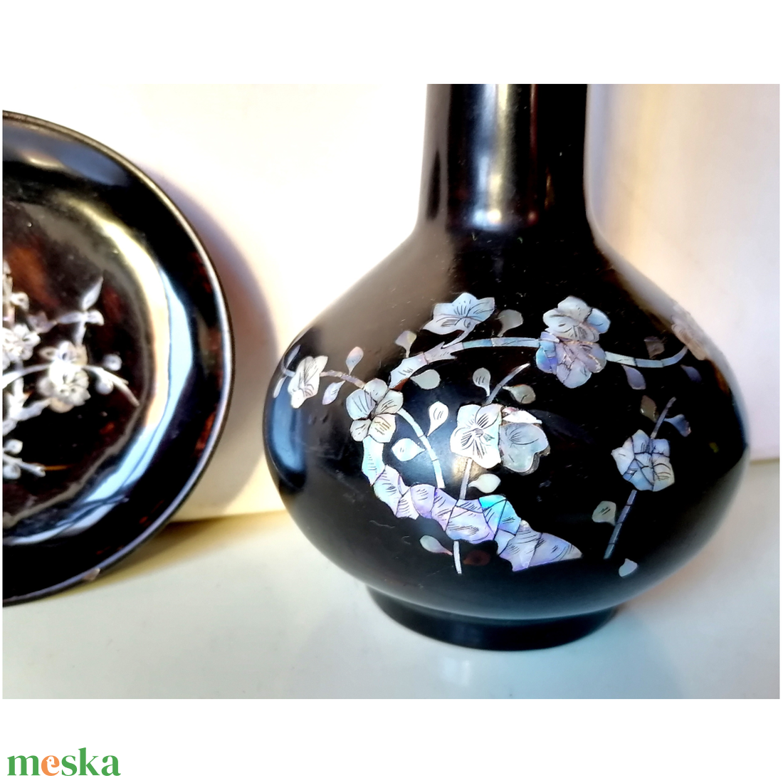 Vintage koreai kagyló berakásos váza és tányérka - otthon & életmód - dekoráció - dísztárgy - Meska.hu