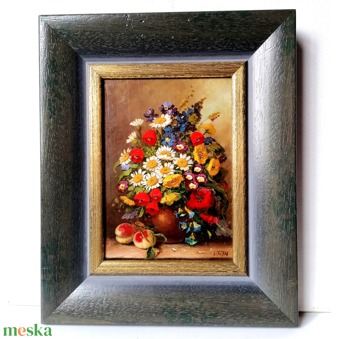 Simon: Virágcsendélet őszibarackokkal, olajfestmény - művészet - festmény - olajfestmény - Meska.hu