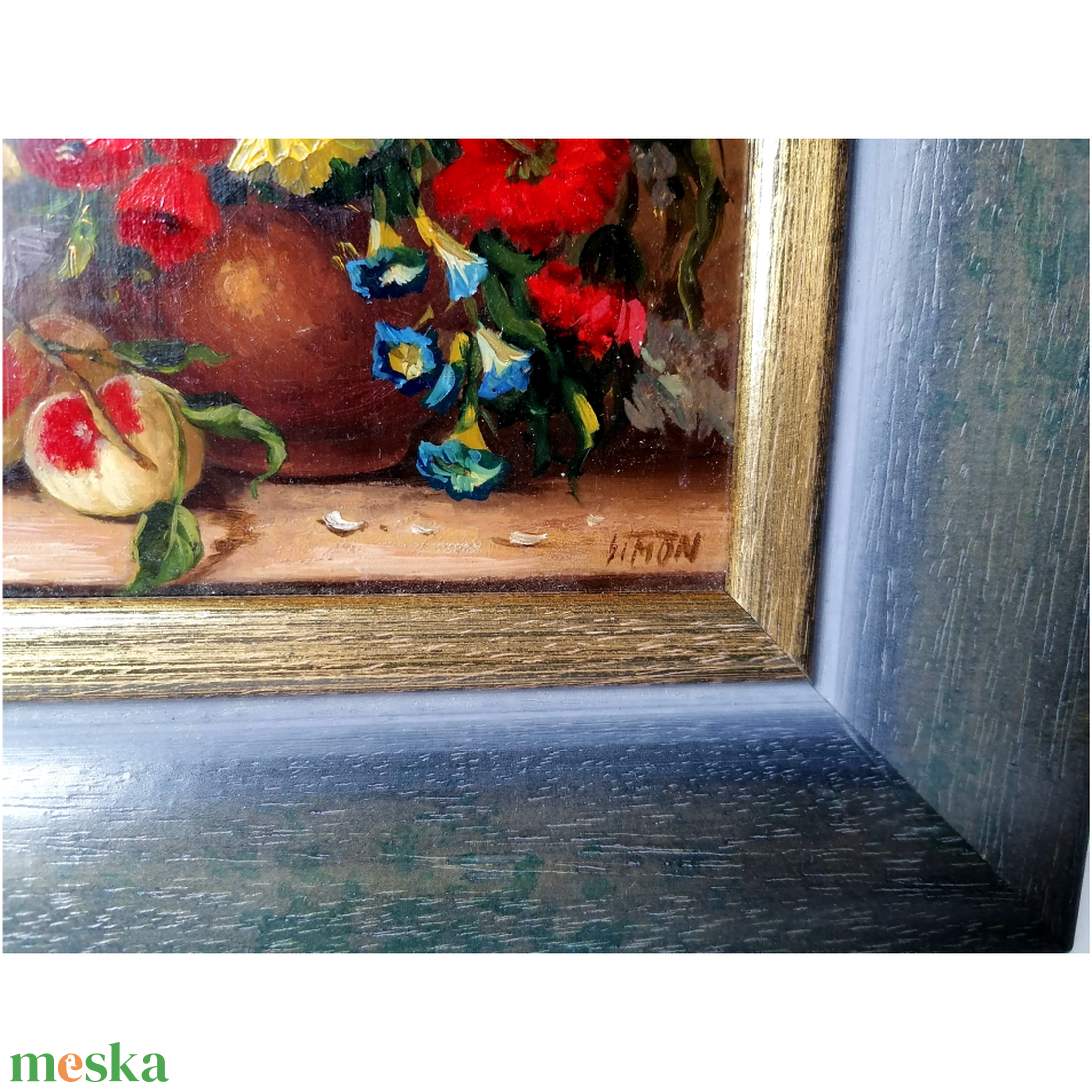 Simon: Virágcsendélet őszibarackokkal, olajfestmény - művészet - festmény - olajfestmény - Meska.hu