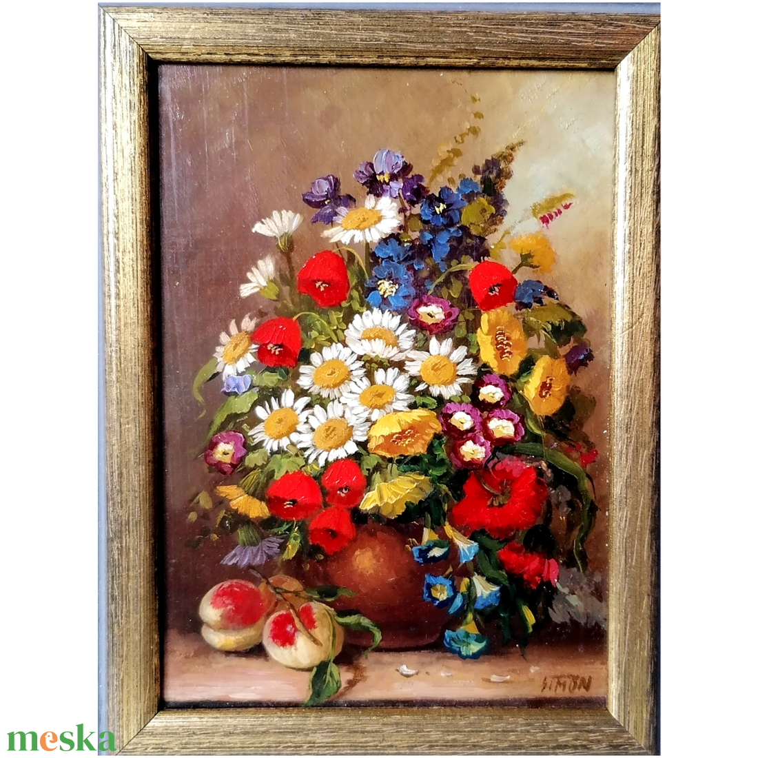 Simon: Virágcsendélet őszibarackokkal, olajfestmény - művészet - festmény - olajfestmény - Meska.hu