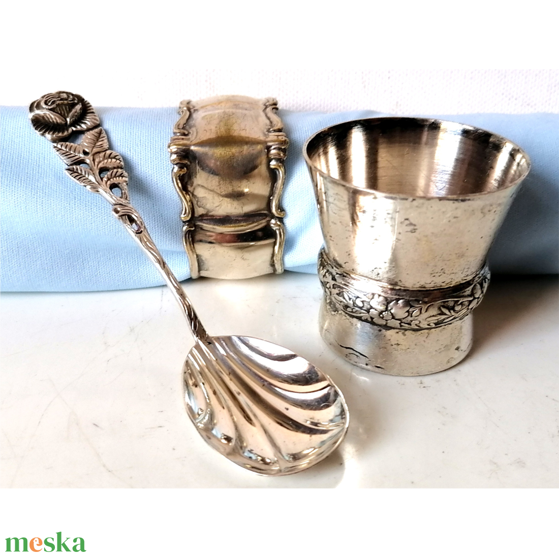 Vintage ezüst és ezüstözött Hildesheimer rózsa mintás keresztelő készlet - baba - mama - keresztelő kellékek - keresztelőajándékok - Meska.hu