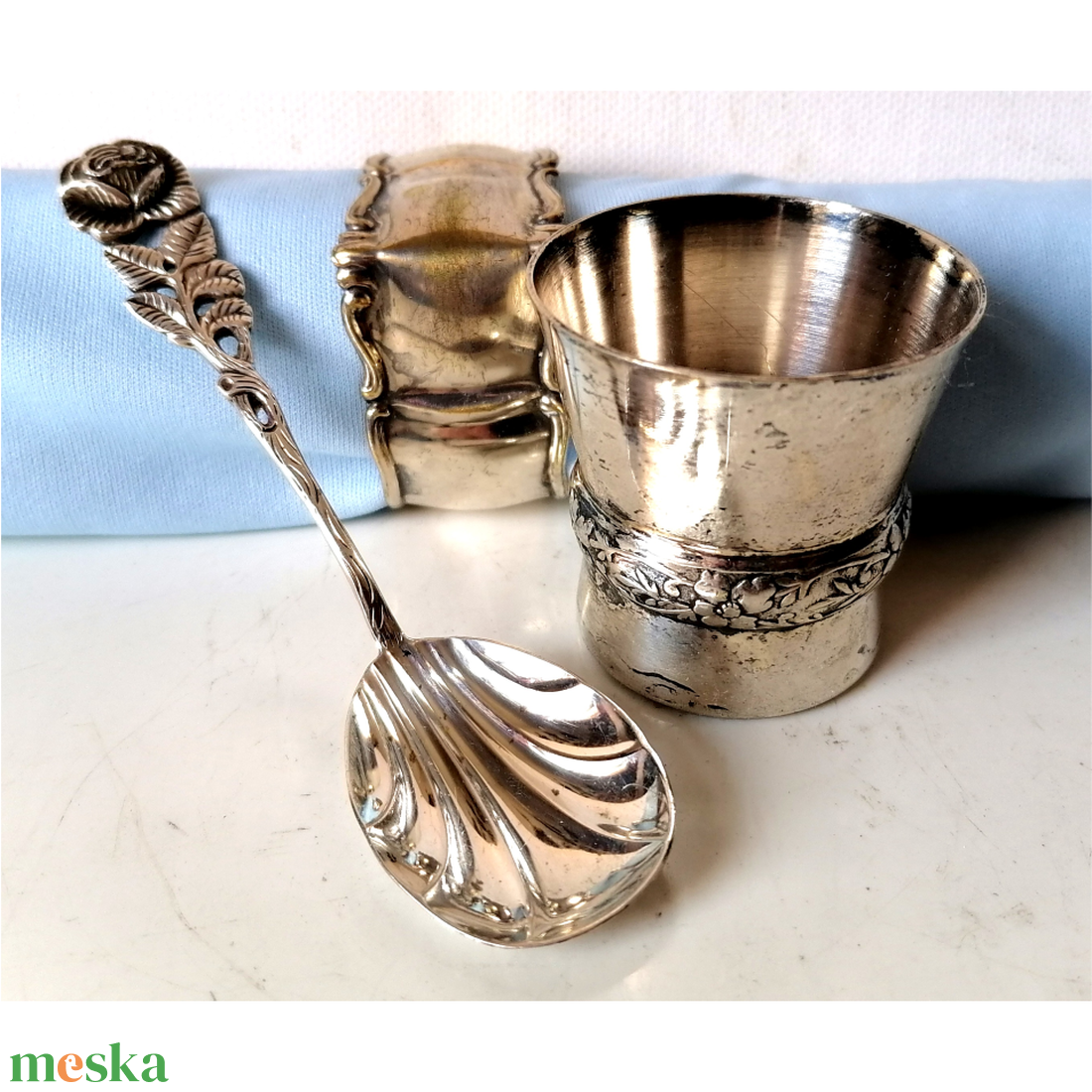 Vintage ezüst és ezüstözött Hildesheimer rózsa mintás keresztelő készlet - baba - mama - keresztelő kellékek - keresztelőajándékok - Meska.hu
