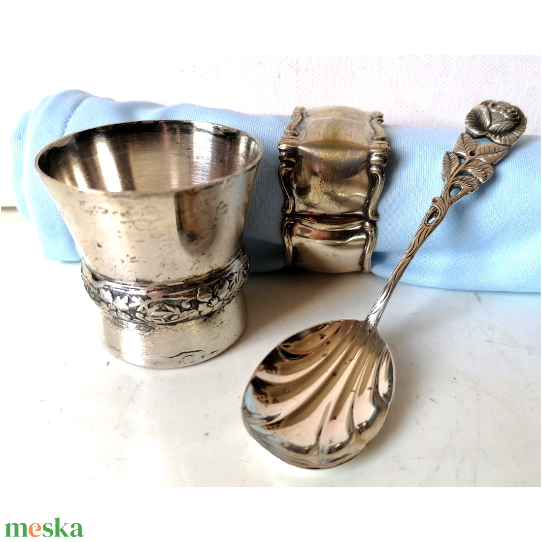 Vintage ezüst és ezüstözött Hildesheimer rózsa mintás keresztelő készlet - baba - mama - keresztelő kellékek - keresztelőajándékok - Meska.hu