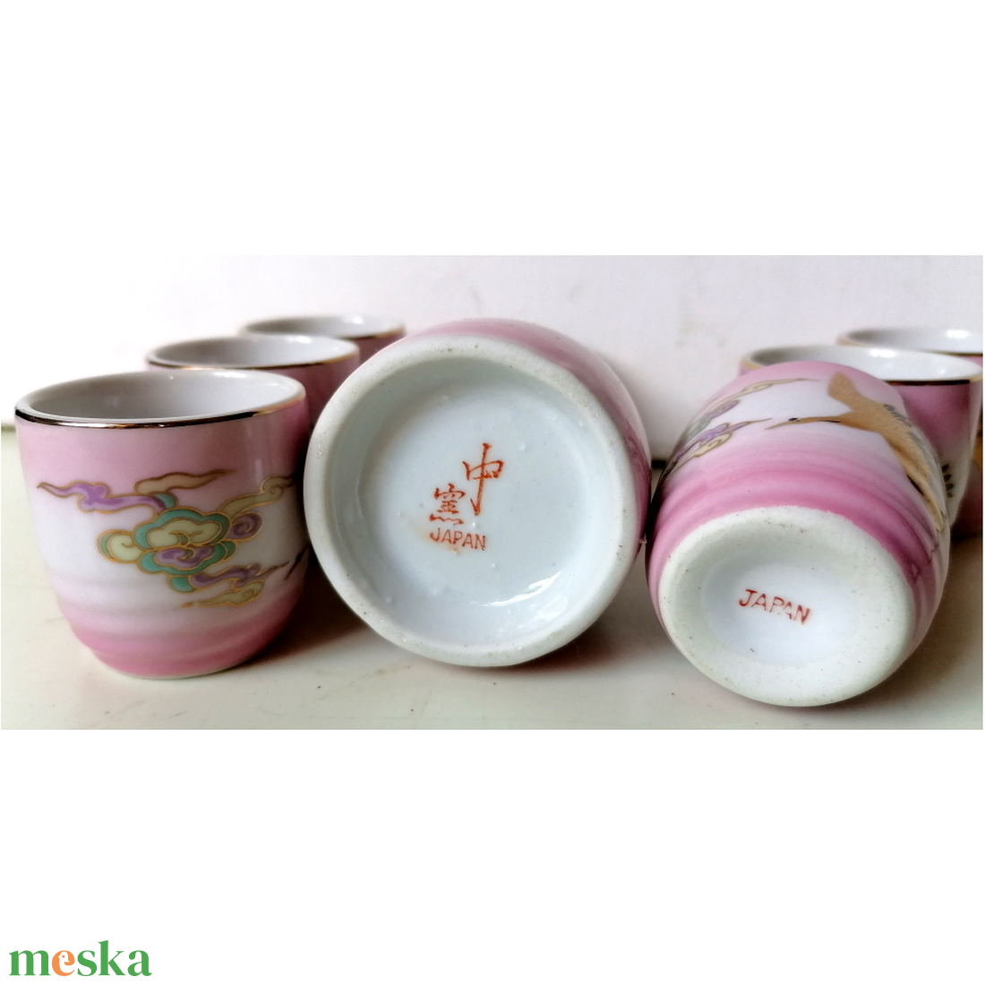 Antik ózsaszín Japán porcelán szakés készlet - otthon & életmód - konyhafelszerelés, tálalás - tálalás - pálinkás poharak, szettek - Meska.hu