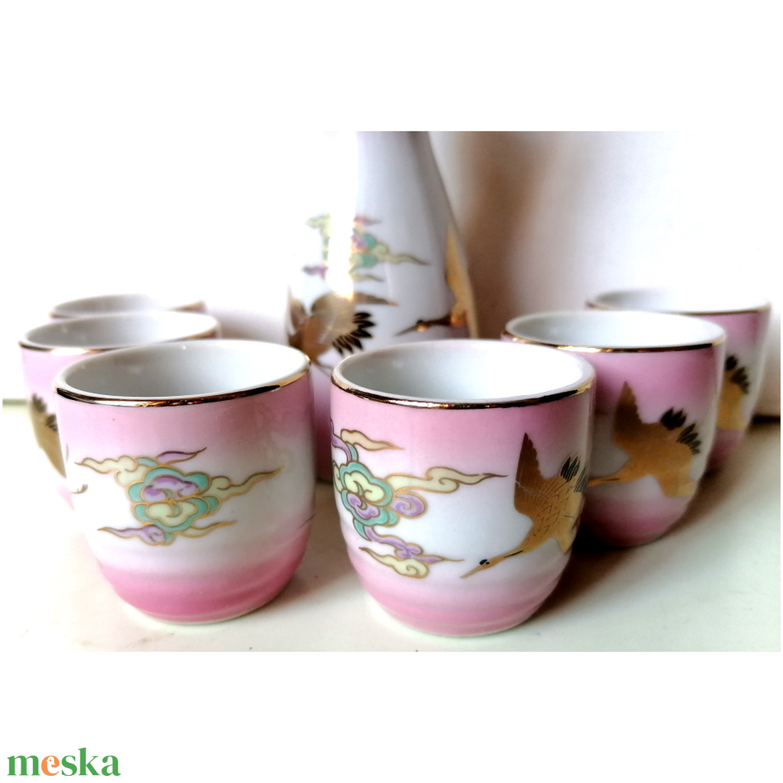 Antik ózsaszín Japán porcelán szakés készlet - otthon & életmód - konyhafelszerelés, tálalás - tálalás - pálinkás poharak, szettek - Meska.hu