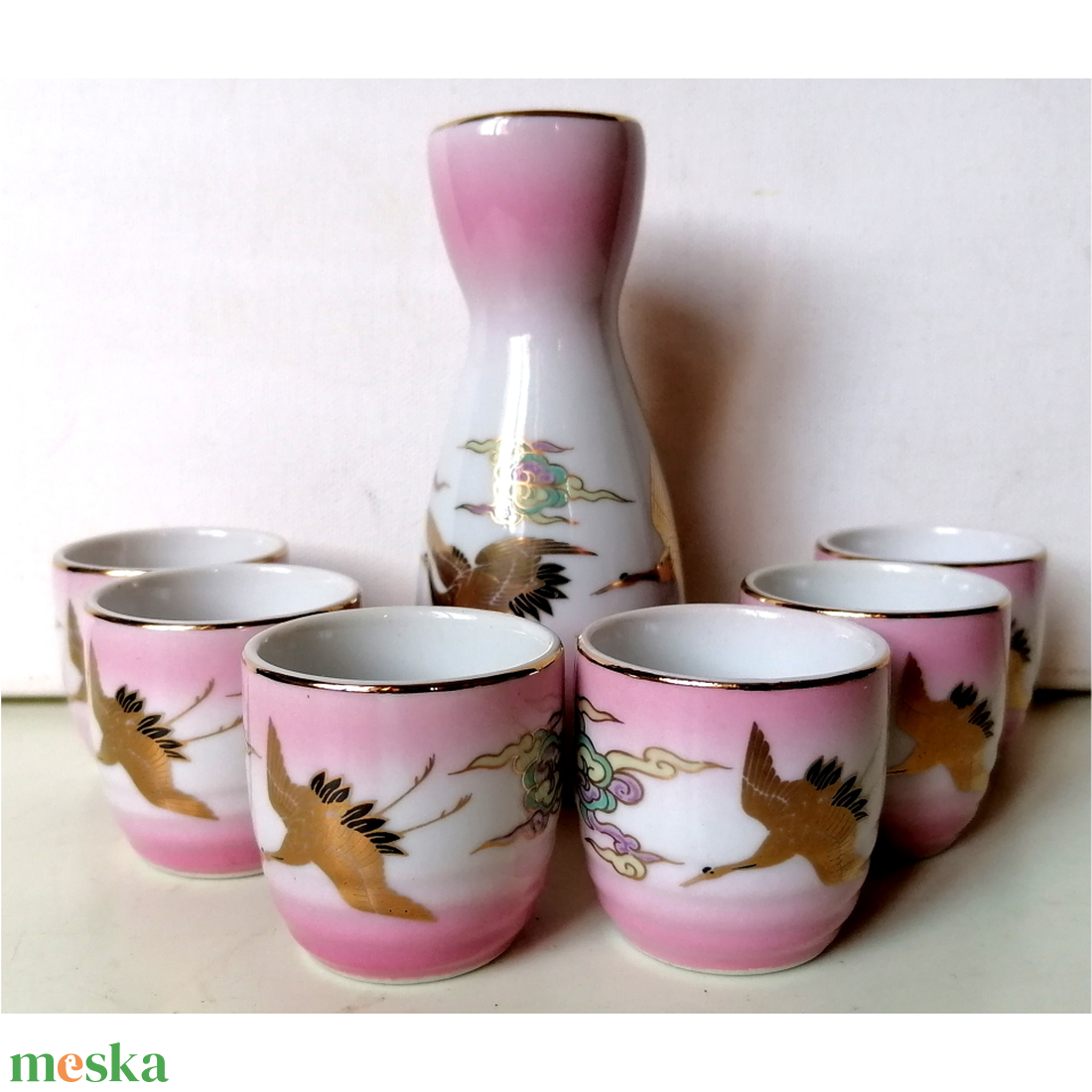 Antik ózsaszín Japán porcelán szakés készlet - otthon & életmód - konyhafelszerelés, tálalás - tálalás - pálinkás poharak, szettek - Meska.hu