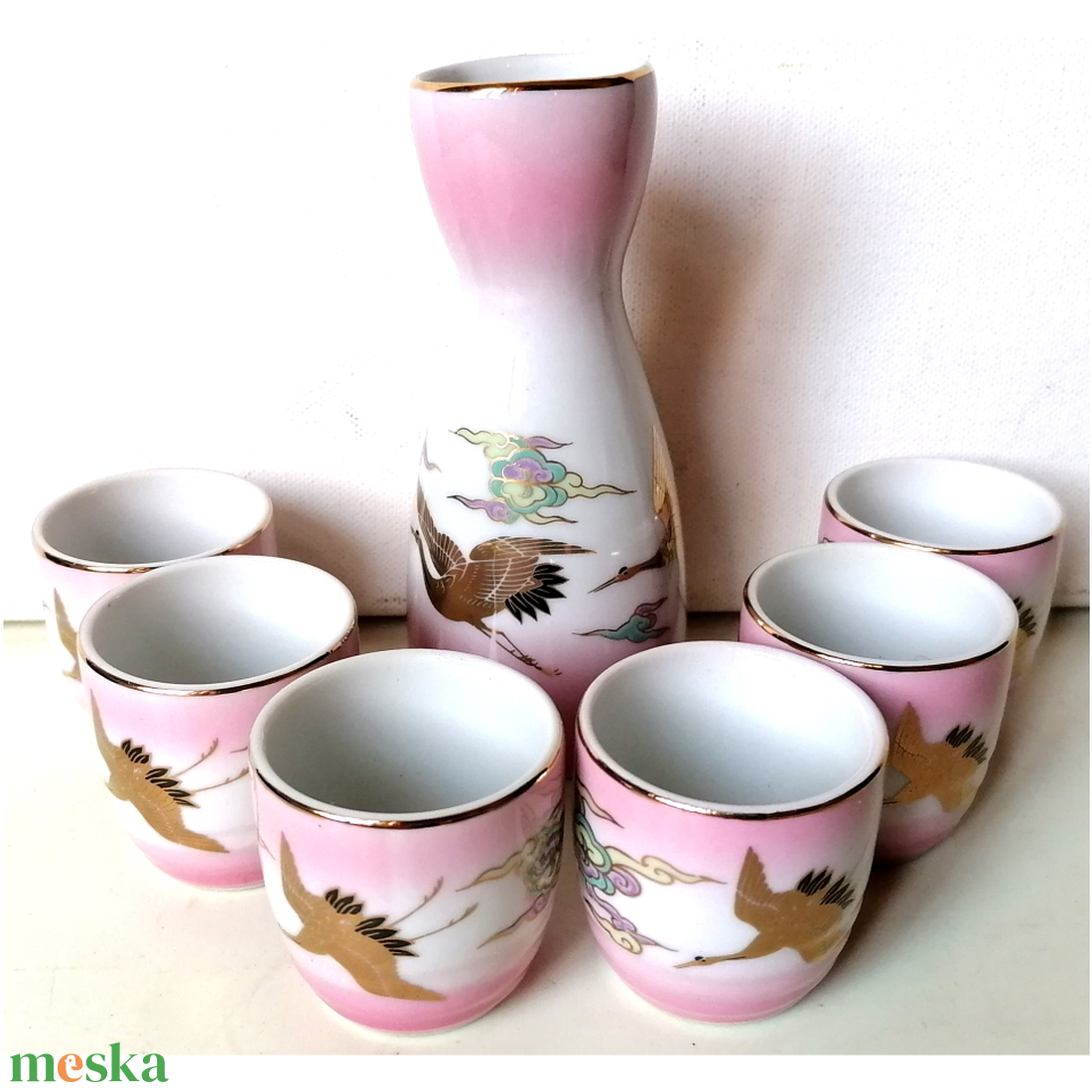 Antik ózsaszín Japán porcelán szakés készlet - otthon & életmód - konyhafelszerelés, tálalás - tálalás - pálinkás poharak, szettek - Meska.hu