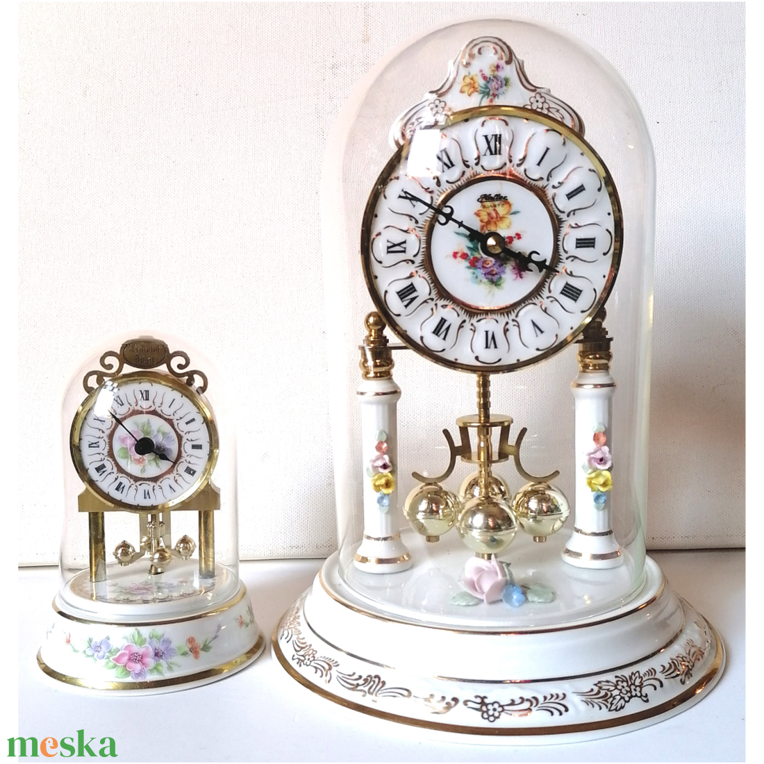 Vintage nagyméretű porcelán forgóingás üvegbúrás óra - otthon & életmód - dekoráció - fali és függő dekoráció - falióra & óra - Meska.hu