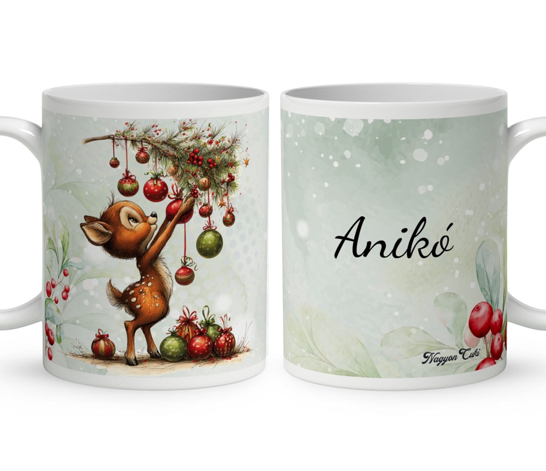 Névvel kérhető - Cuki karácsonyi őzike és a díszek mintás bögre - otthon & életmód - konyhafelszerelés, tálalás - tálalás - bögre & csésze - Meska.hu