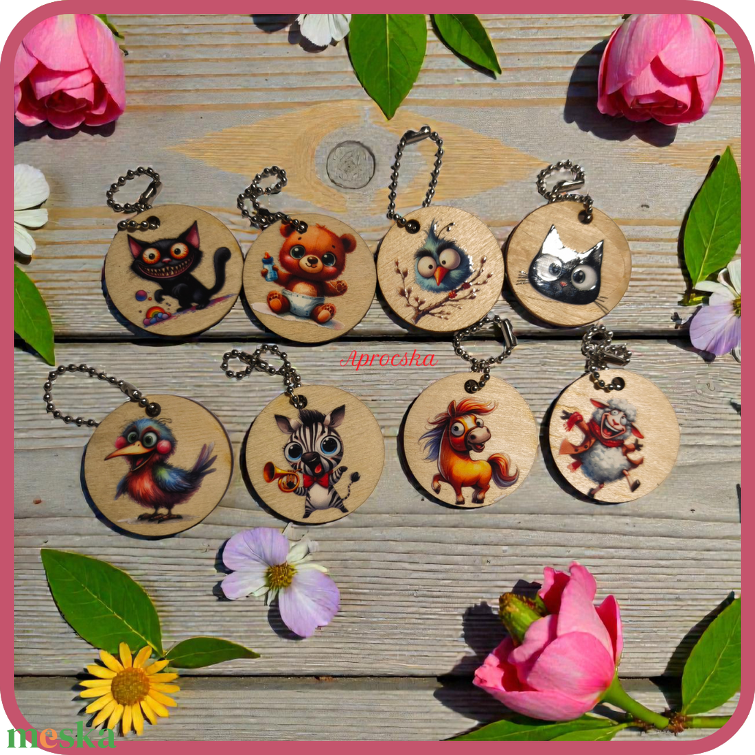 Kulcstartó fa lapokon kisállatokkal - táska & tok - kulcstartó & táskadísz - kulcstartó - Meska.hu