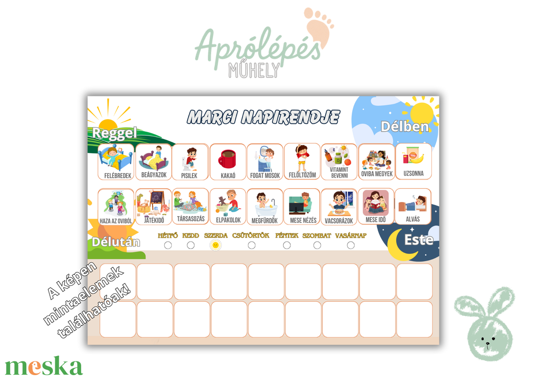 Egyedi napirend tábla a hét napjaival / Névre szóló napirend választható elemekkel - művészet - grafika & illusztráció - digitális - Meska.hu