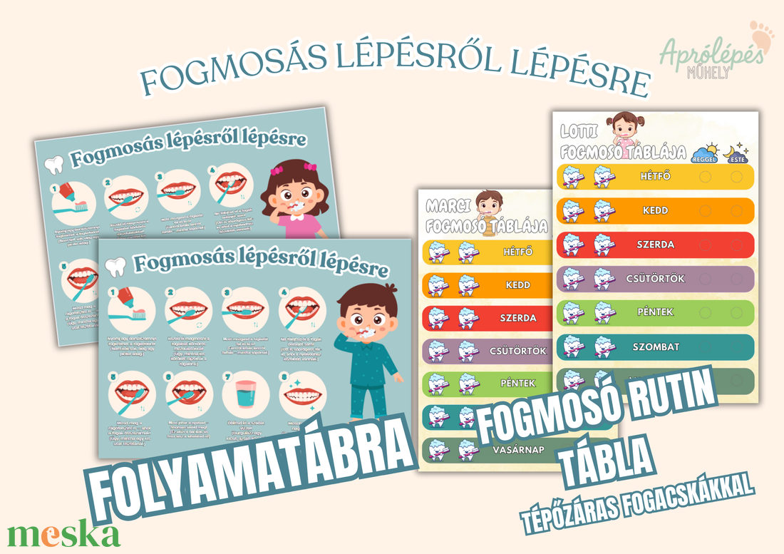 Fogmosó csomag / Fogmosás lépésről-lépésre / Fogmosó rutin csomag gyereknek / Folyamatábra fogmosáshoz - művészet - grafika & illusztráció - digitális - Meska.hu