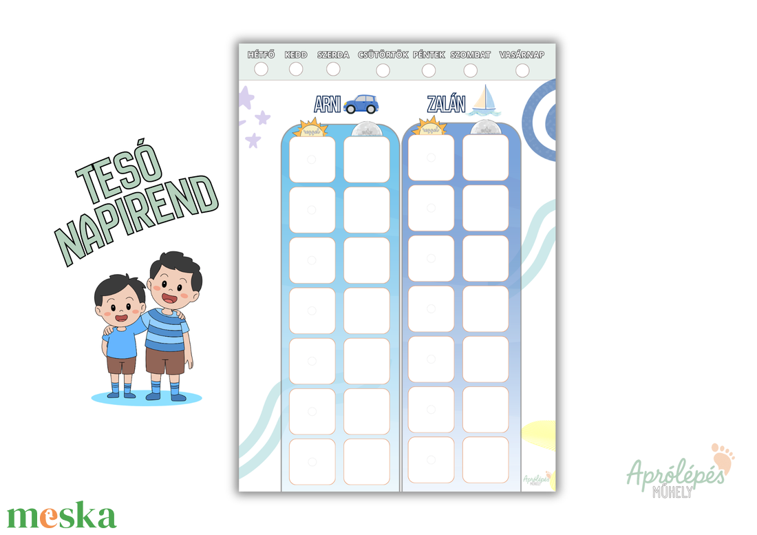 Tesó napirend tábla a hét napjaival - Álló kivitelben  / Névre szóló napirend választható elemekkel - művészet - grafika & illusztráció - digitális - Meska.hu