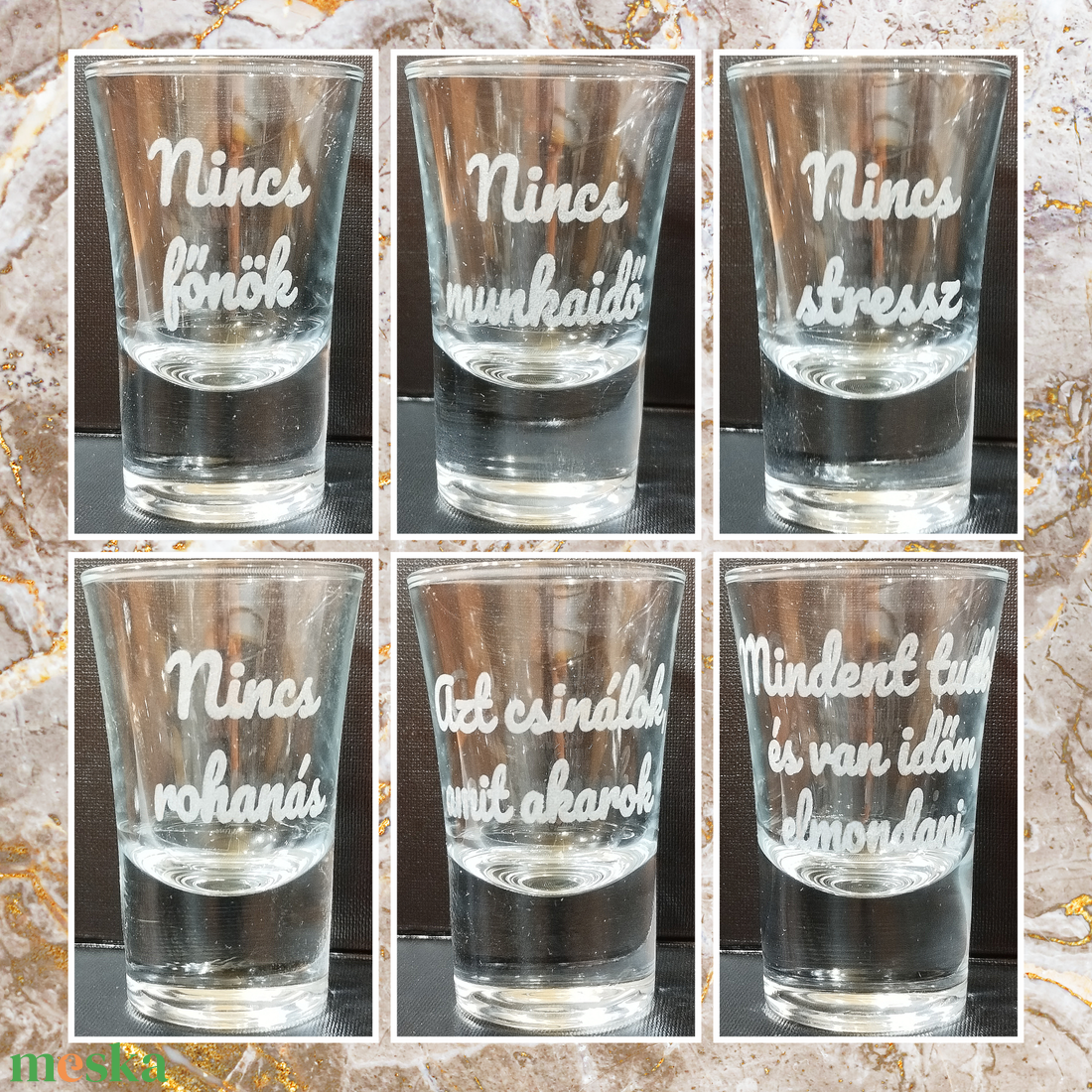 Pálinkás szett nyugdíjba vonulásra bélelt díszdobozban 6db gravírozott pálinkás pohárral személyre szabható feliratokkal - otthon & életmód - konyhafelszerelés, tálalás - tálalás - pálinkás poharak, szettek - Meska.hu