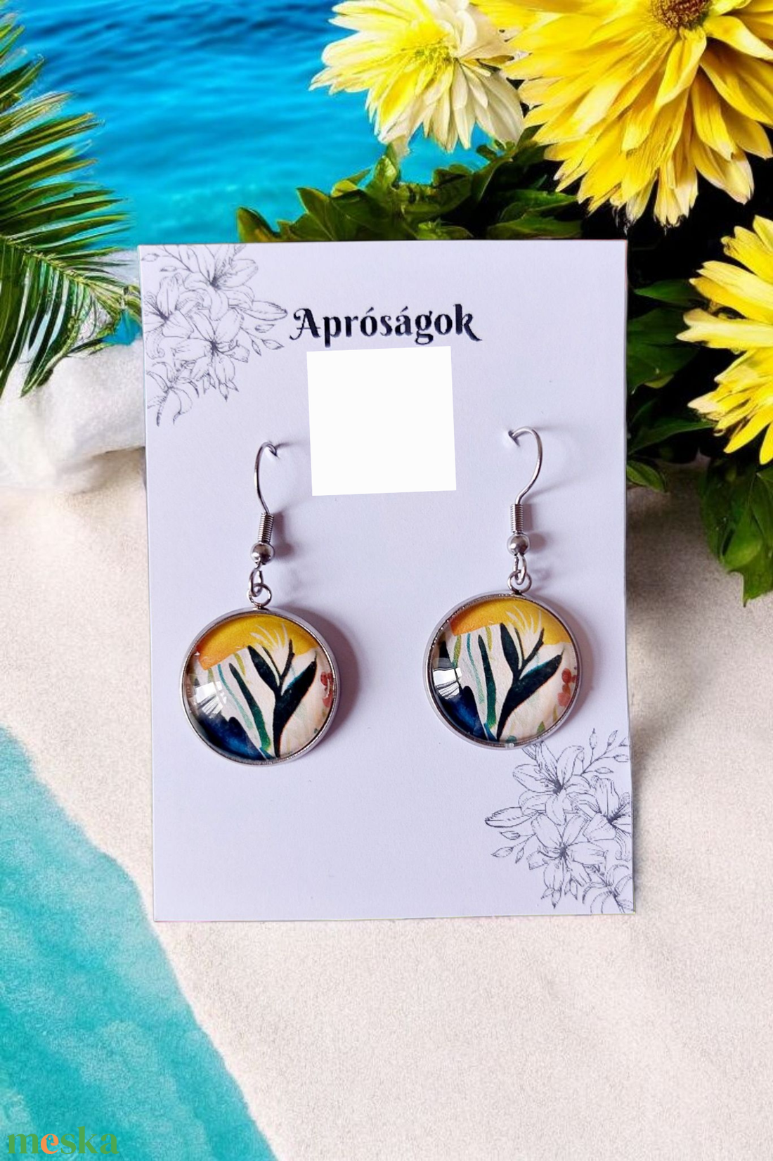 Trópusi kollekció 4., fehér hátterű sötétzöld ágak virág  - ékszer - fülbevaló - lógós kerek fülbevaló - Meska.hu