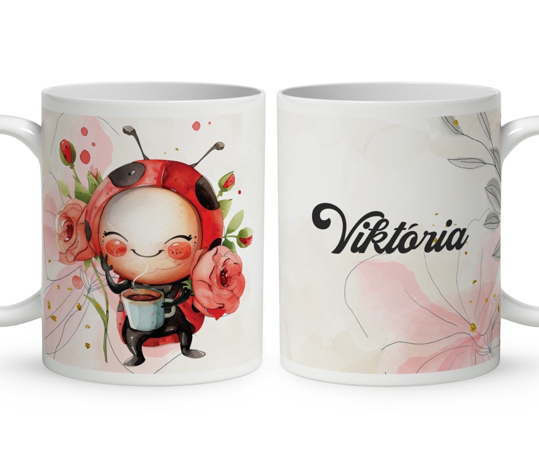 Névvel kérhető - Cuki kávézós katica mintás bögre - otthon & életmód - konyhafelszerelés, tálalás - tálalás - bögre & csésze - Meska.hu