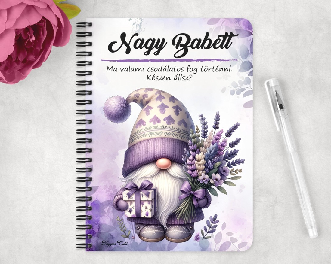 Személyre szabható - Levendulás manó ajándékkal mintás A5-ös füzet - otthon & életmód - papír, írószer - jegyzetfüzet & napló - Meska.hu