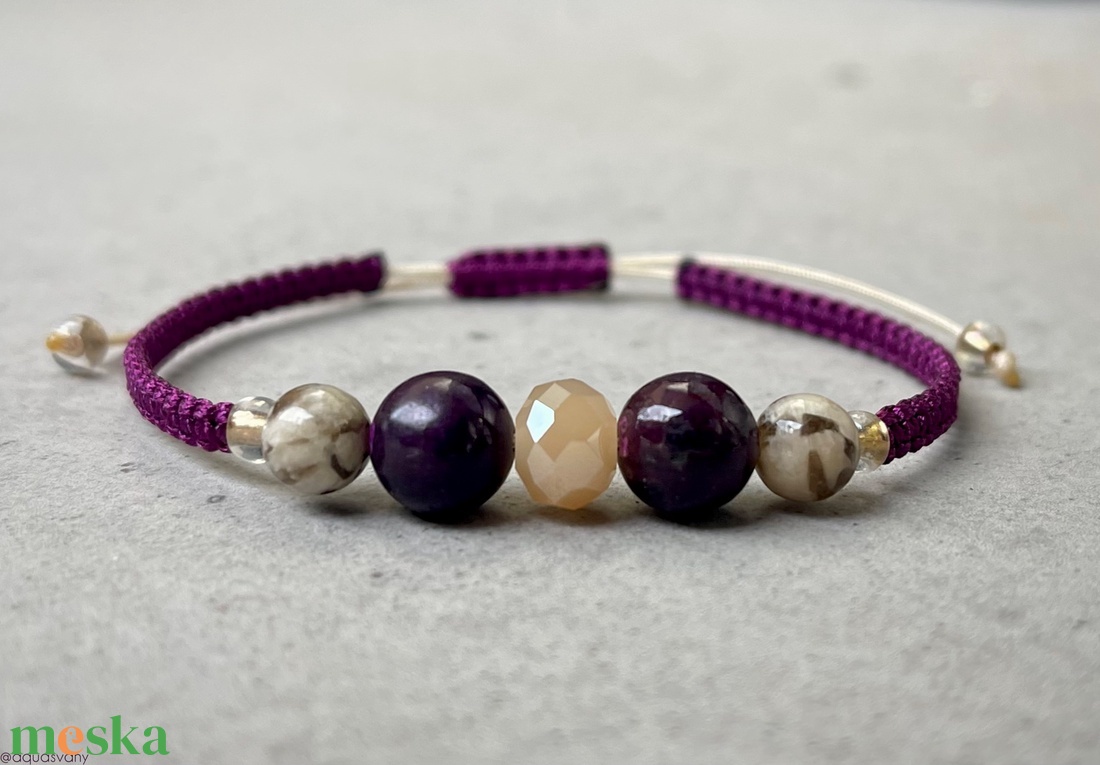 Purpurit és zebradorit makramé ásvány karkötő - ékszer - karkötő - fonott karkötő - Meska.hu