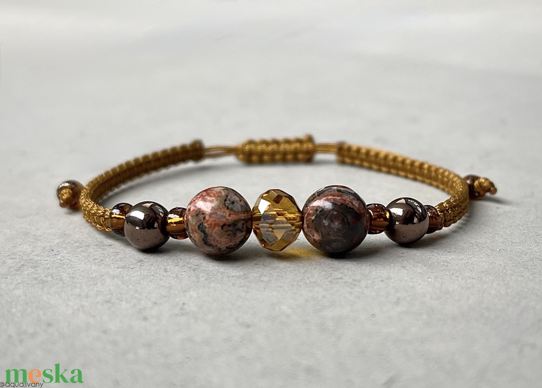 Leopárd jáspis és hematit makramé karkötő - ékszer - karkötő - fonott karkötő - Meska.hu