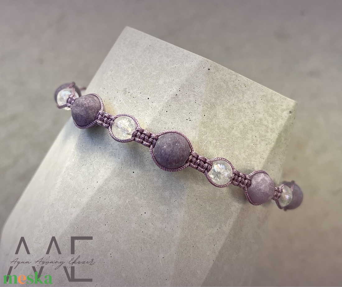 Matt lepidolit és angyal aura kvarc makramé karkötő - ékszer - karkötő - fonott karkötő - Meska.hu