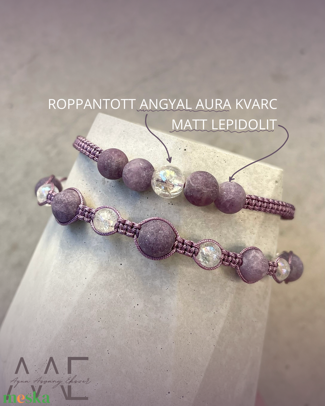 Matt lepidolit és angyal aura kvarc makramé karkötő - ékszer - karkötő - fonott karkötő - Meska.hu