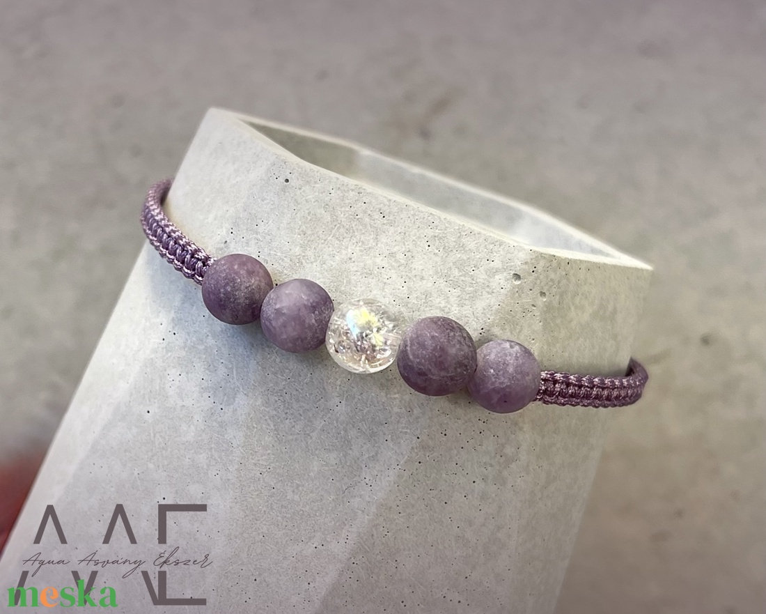 Matt lepidolit és angyal aura kvarc makramé karkötő - ékszer - karkötő - fonott karkötő - Meska.hu