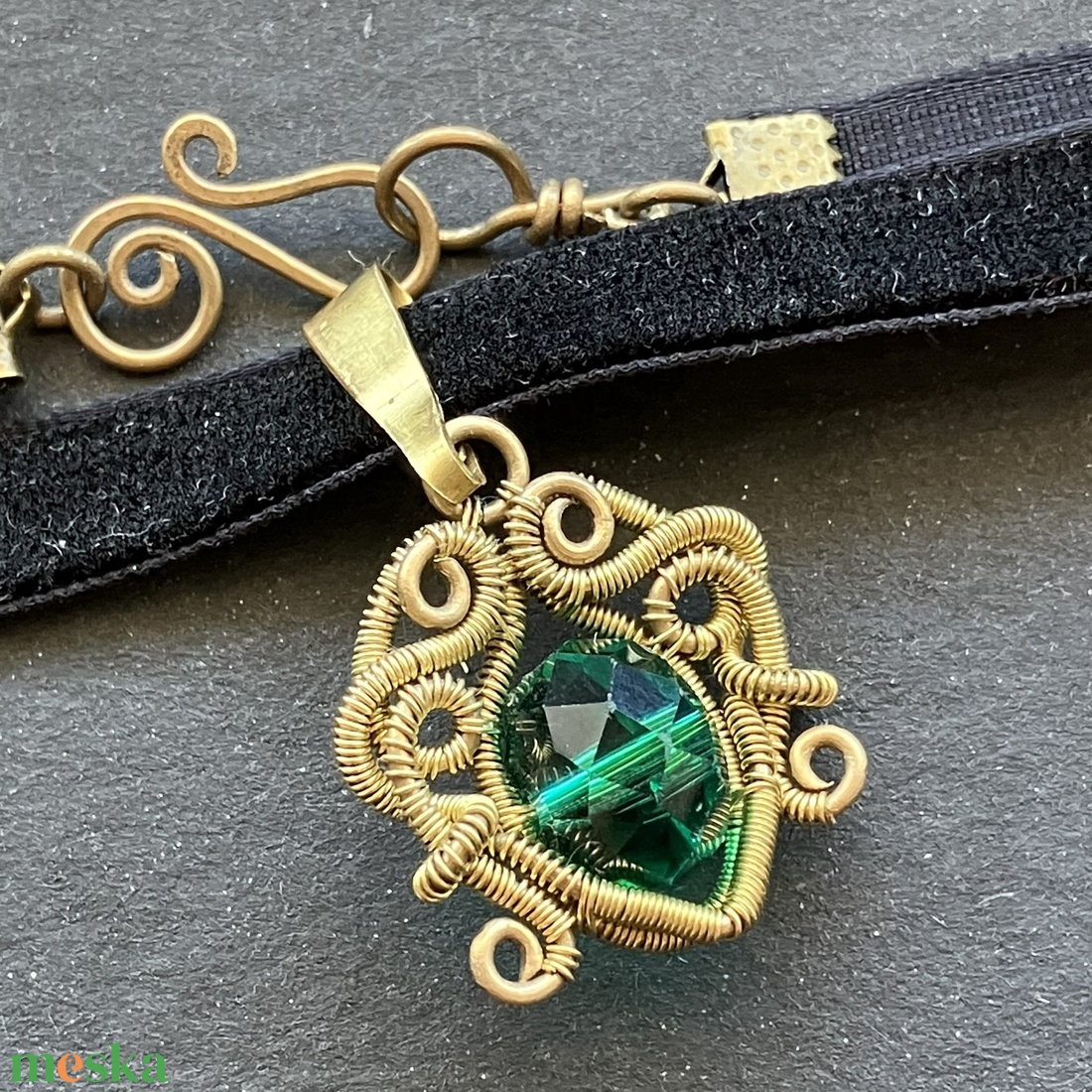 Sárgaréz zöld choker nyaklánc - ékszer - nyaklánc - nyakpánt, gallér - Meska.hu