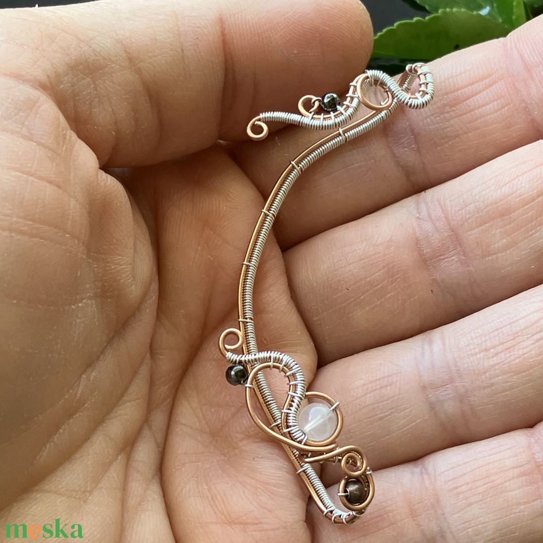 Réz és ezüst fülékszer rózsakvarccal - ékszer - fülbevaló - fülékszer - Meska.hu