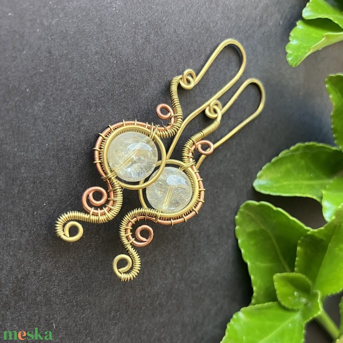 Sárgaréz vörösréz citrin fülbevaló - ékszer - fülbevaló - lógó fülbevaló - Meska.hu