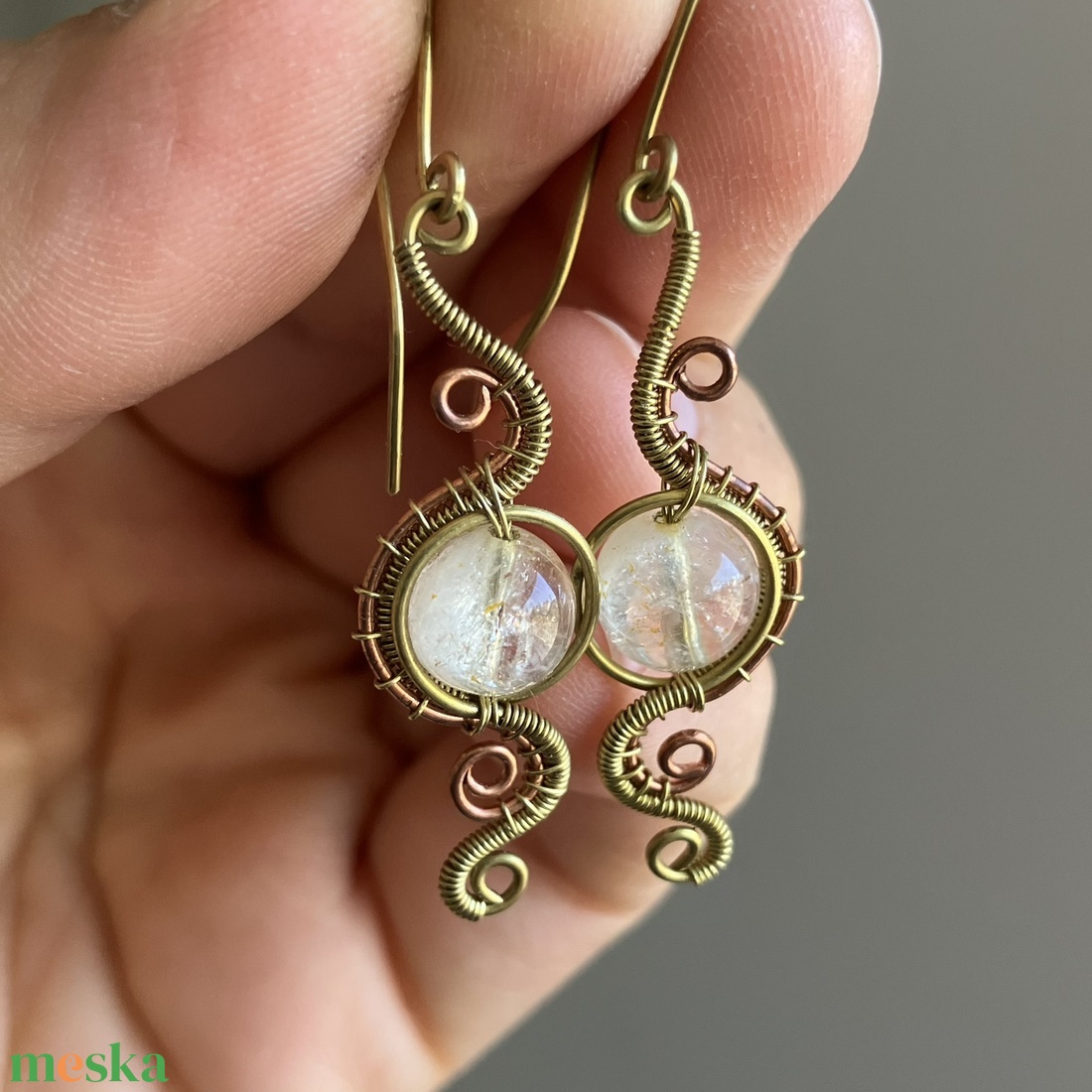 Sárgaréz vörösréz citrin fülbevaló - ékszer - fülbevaló - lógó fülbevaló - Meska.hu
