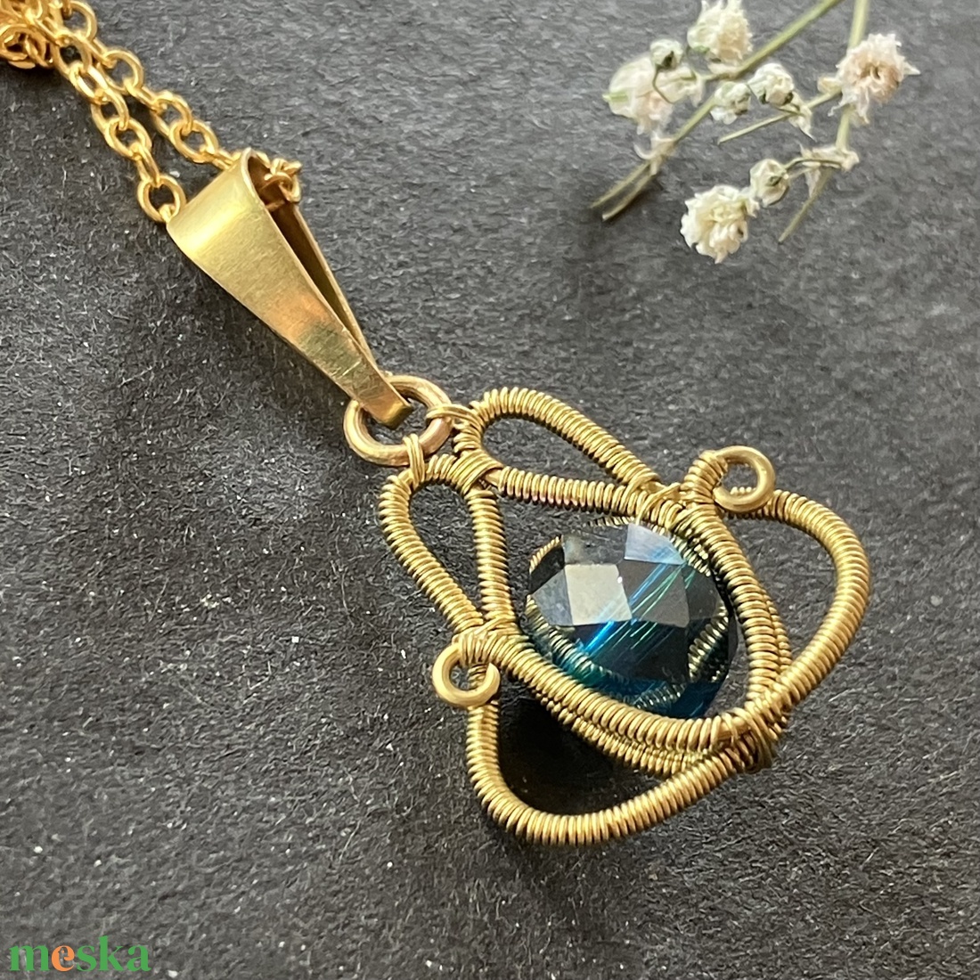 Sárgaréz kék nyaklánc - ékszer - nyaklánc - medálos nyaklánc - Meska.hu