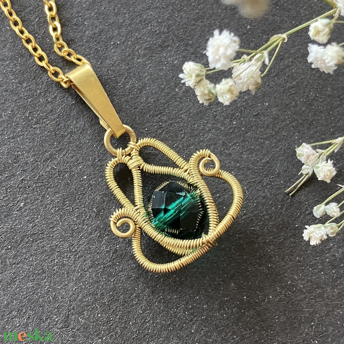Sárgaréz zöld nyaklánc - ékszer - nyaklánc - medálos nyaklánc - Meska.hu