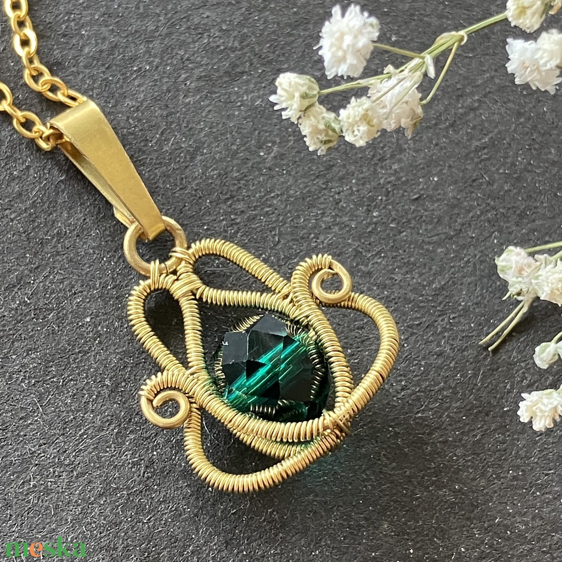 Sárgaréz zöld nyaklánc - ékszer - nyaklánc - medálos nyaklánc - Meska.hu