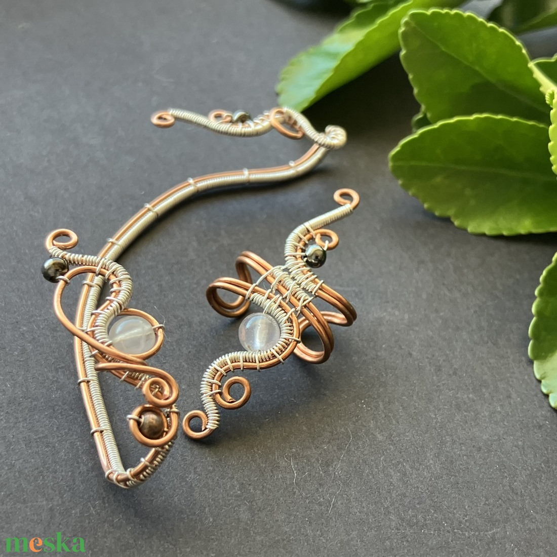 Réz és ezüst rózsakvarc fülgyűrű - ékszer - fülbevaló - fülgyűrű - Meska.hu