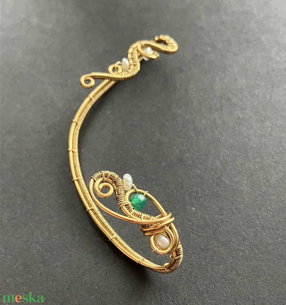 Sárgaréz zöld és gyöngy fülékszer - ékszer - fülbevaló - fülékszer - Meska.hu