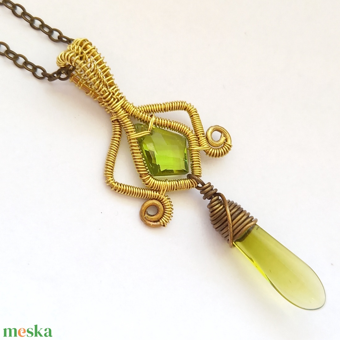 Sárgaréz zöld nyaklánc - ékszer - nyaklánc - medálos nyaklánc - Meska.hu
