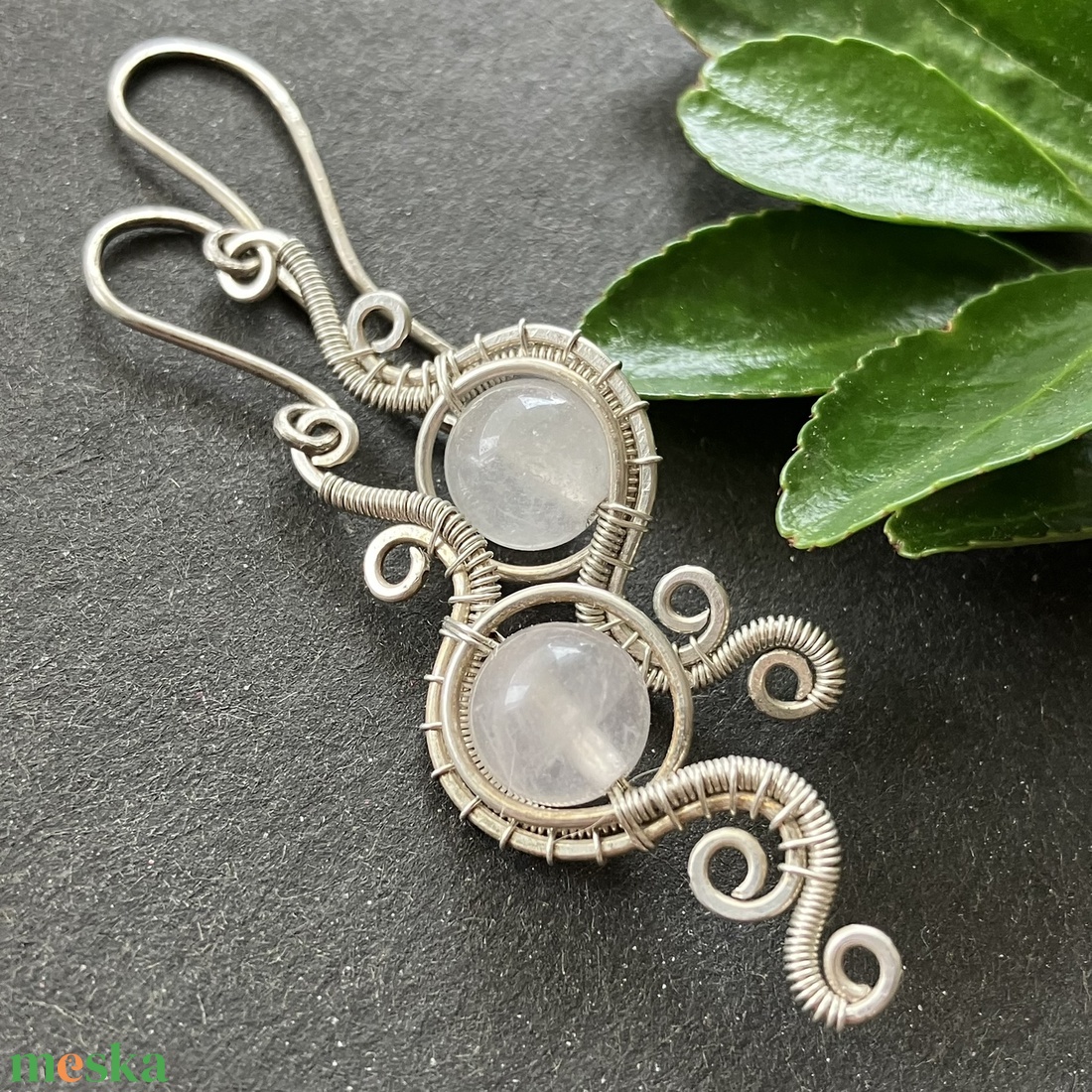 925 sterling ezüst fülbevaló rózsakvarccal - ékszer - fülbevaló - lógó fülbevaló - Meska.hu