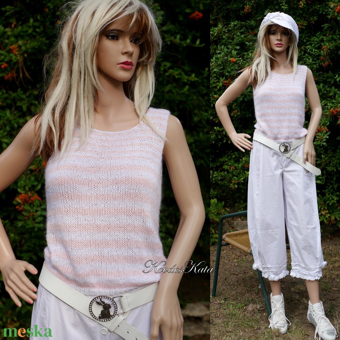 NYUSZI-TOP - exkluzív angóra felső, kézzel kötött pulóver / rózsaszín-fehér  - ruha & divat - női ruha - pulóver & kardigán - Meska.hu