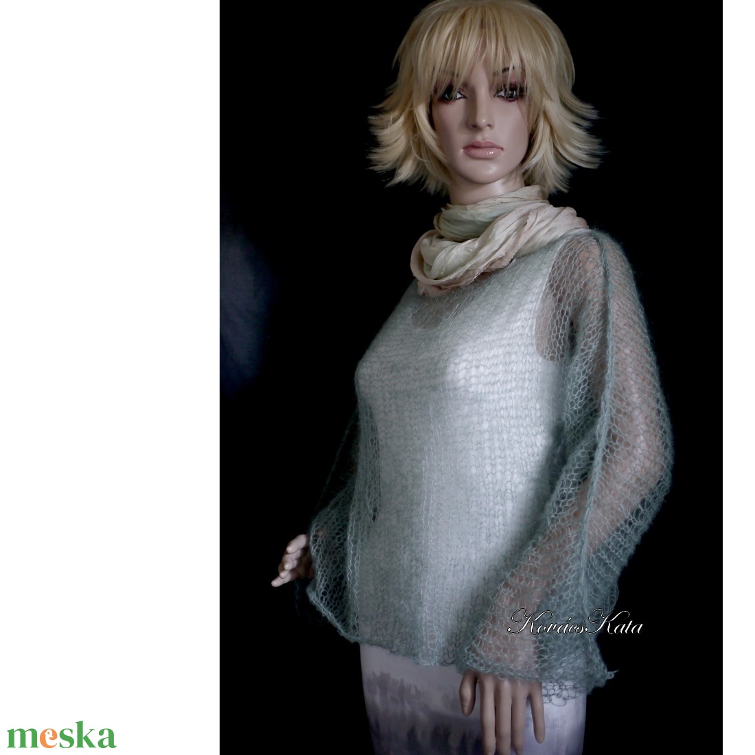 TIFFANY / zsálya - szexi selyem-mohair pulóver - kézzel kötött - ruha & divat - női ruha - pulóver - Meska.hu