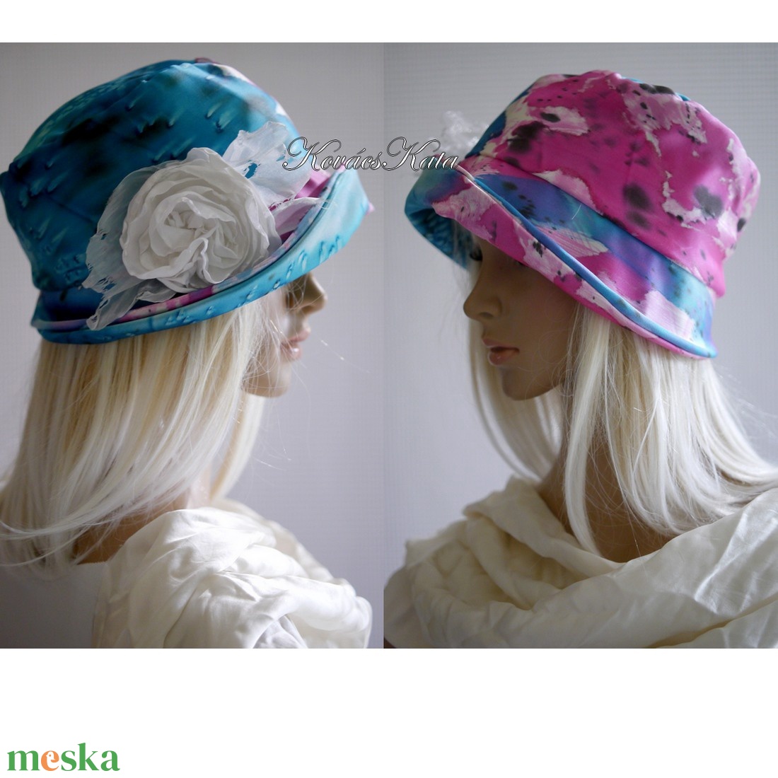 MARA-LUX - exkluzív kézzel festett selyem düsessz kalap selyemvirág-brossal - ruha & divat - sál, sapka, kendő - kalap - Meska.hu