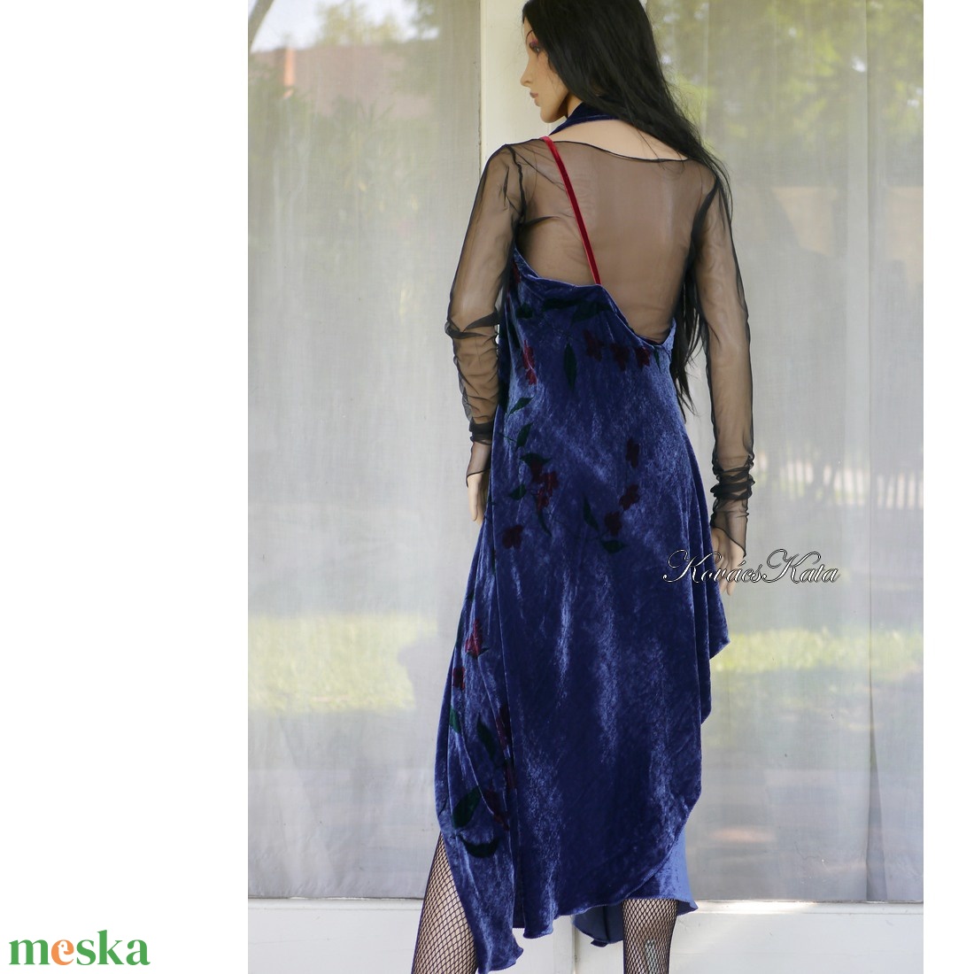 BLUE VELVET - exkluzív selyembársony pántos alkalmi ruha - ruha & divat - női ruha - alkalmi ruha & estélyi ruha - Meska.hu