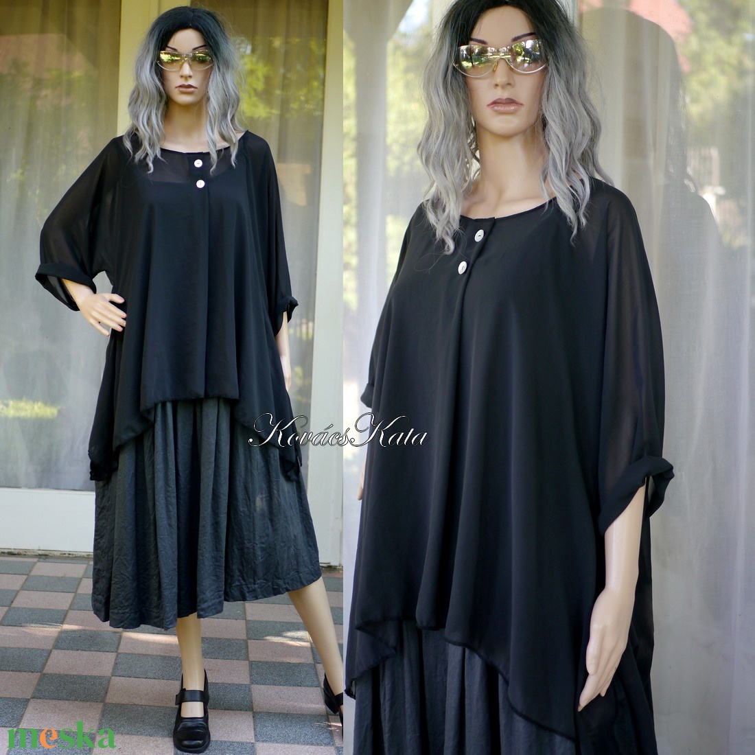 AMÉLIA - A-vonalú muszlin tunika / fekete - ruha & divat - női ruha - alkalmi ruha & estélyi ruha - Meska.hu