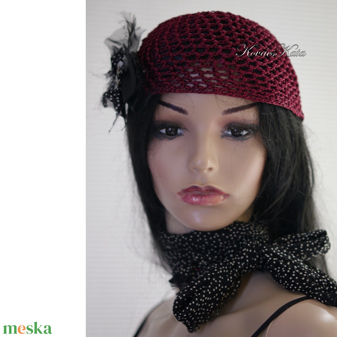 MÁTRA-SAPI - horgolt selyem flapper sapka virág-brossal / bordó - ruha & divat - sál, sapka, kendő - sapka - Meska.hu