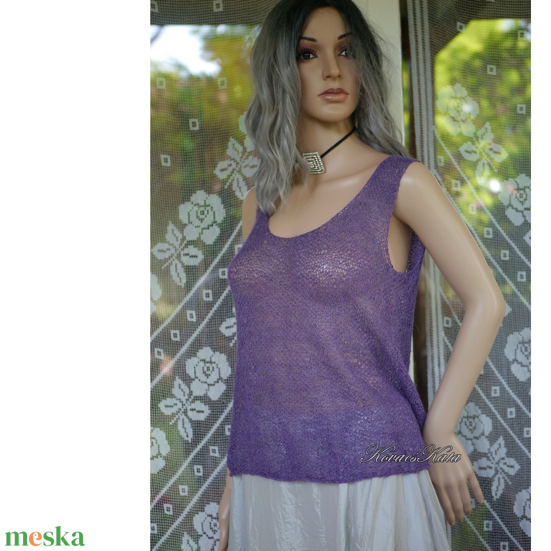 CSIPKE TOP - exkluzív babyalpaka-silk lace kézzel kötött felső, ujjatlan pulóver / olív - ruha & divat - női ruha - pulóver - Meska.hu