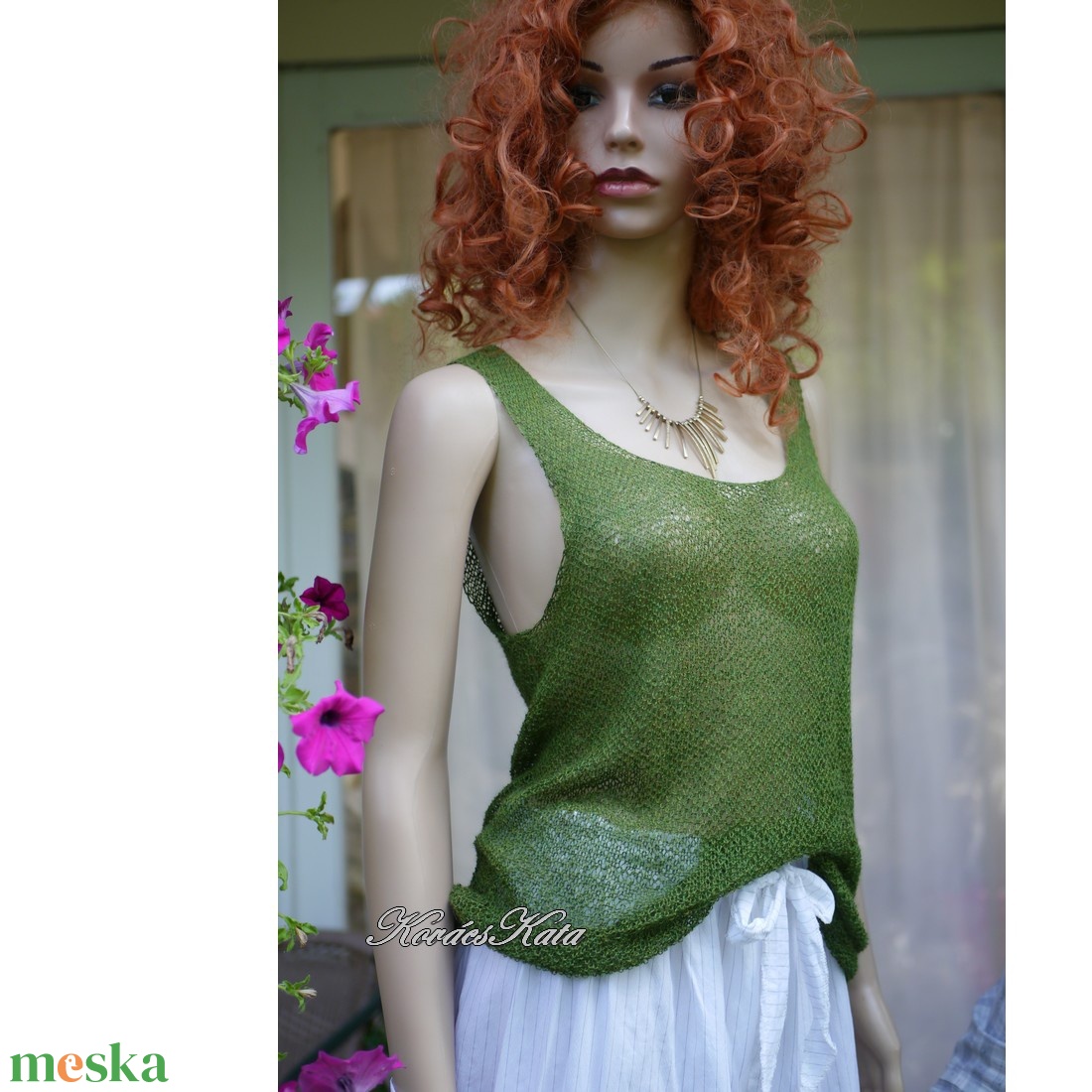 CSIPKE TOP - exkluzív babyalpaka-silk lace kézzel kötött felső, ujjatlan pulóver / olív - ruha & divat - női ruha - pulóver - Meska.hu