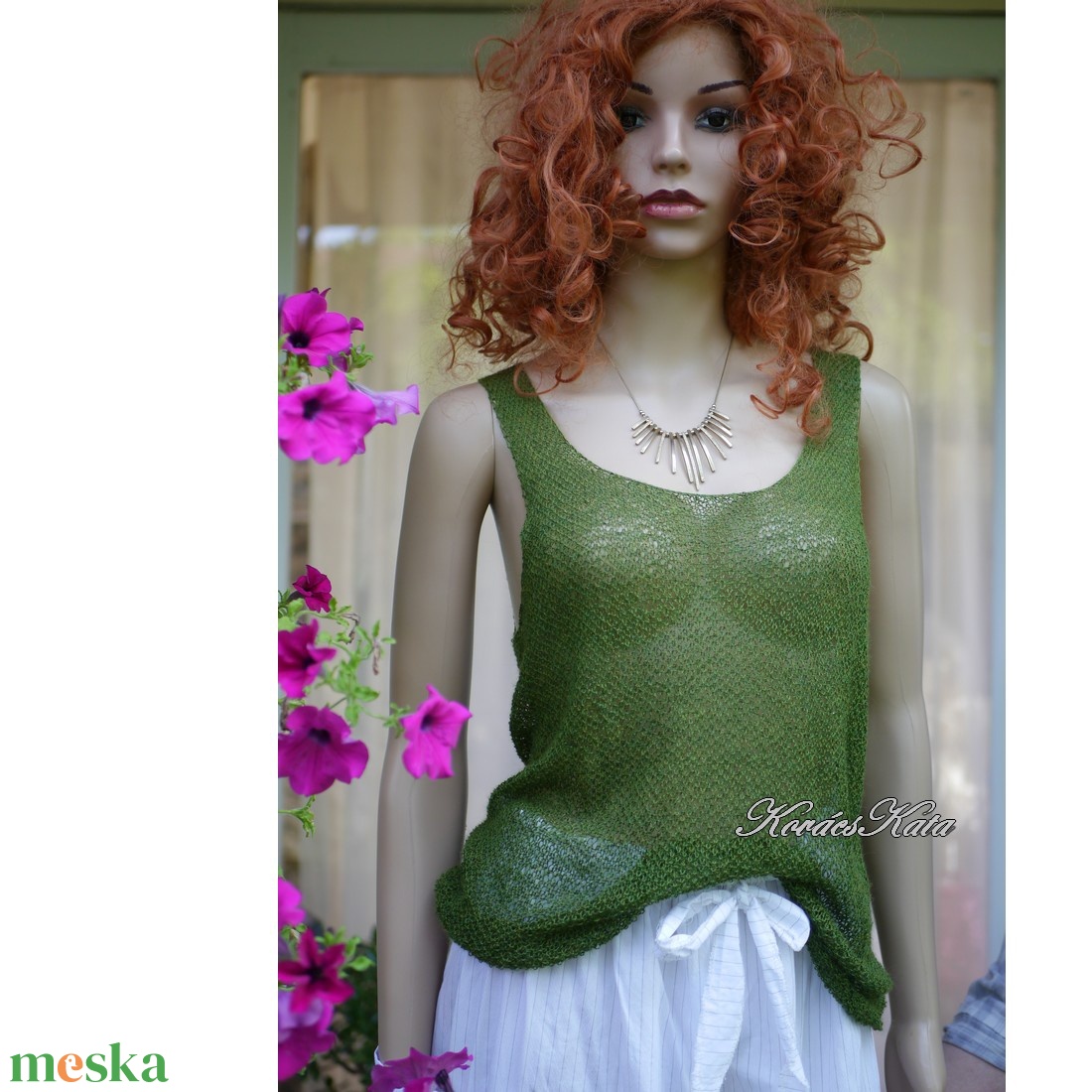 CSIPKE TOP - exkluzív babyalpaka-silk lace kézzel kötött felső, ujjatlan pulóver / olív - ruha & divat - női ruha - pulóver - Meska.hu